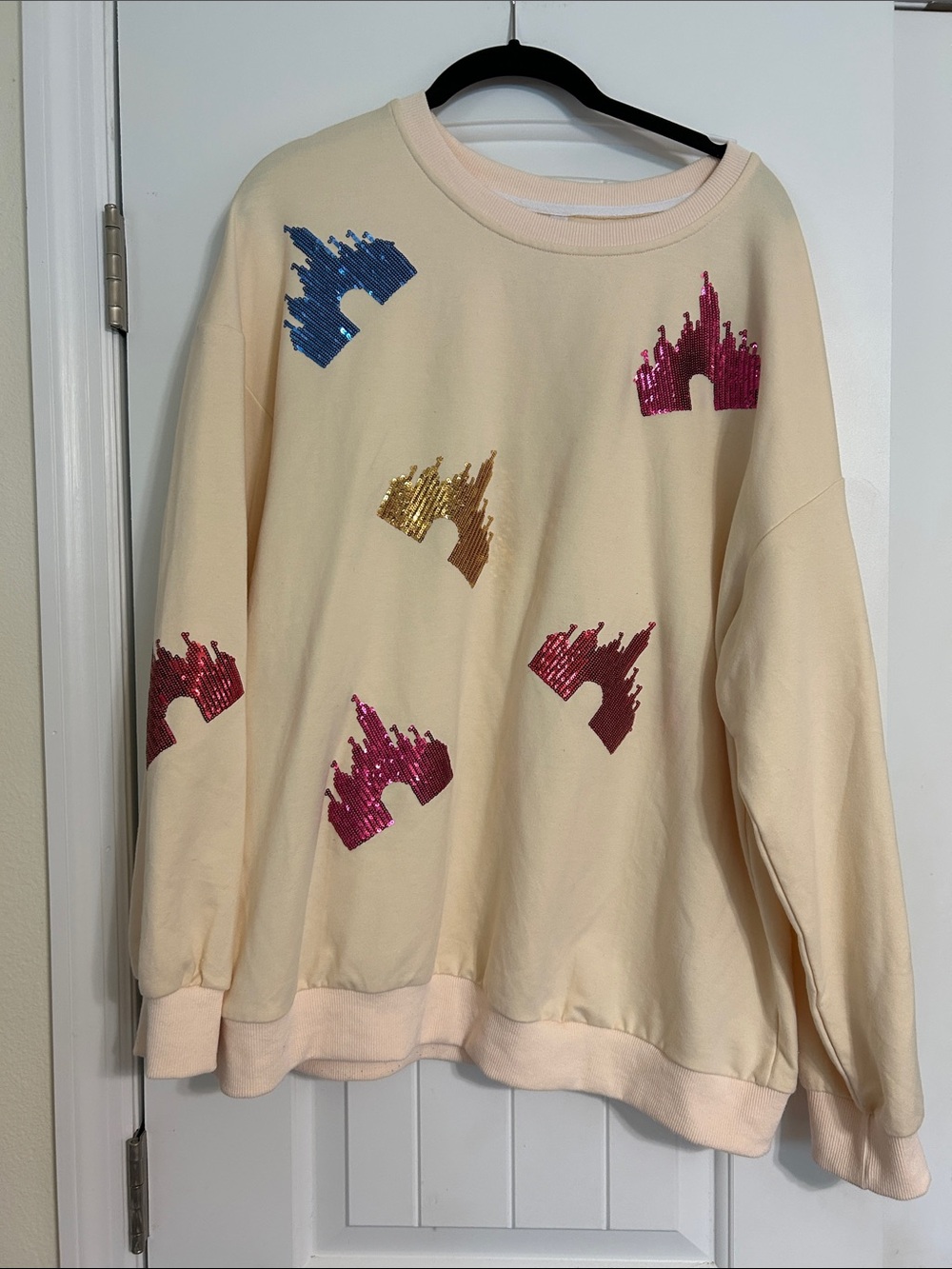 Amazon Cream Crewneck Sweater with Multicolor Sequin Castles